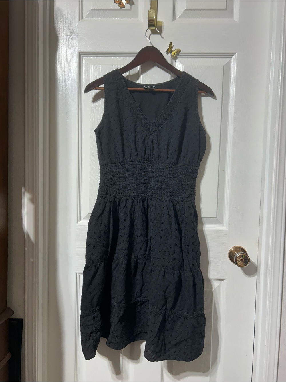 Sleeveless Black V-Neck Coro Eyelet Smocked Midi Dress